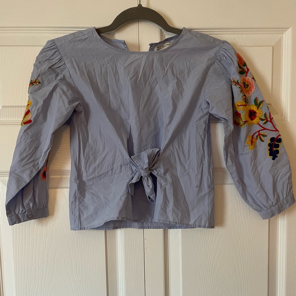 Zara Kids Blue Long Sleeve Tie Blouse with Floral Embroidered Sleeves, Size 7